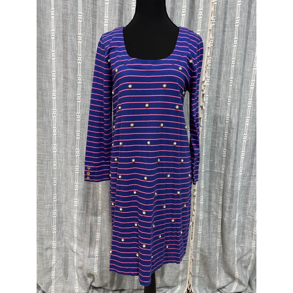 Lilly Pulitzer Pink Blue Striped Long Sleeve Pearl Shift Dress Beaded Gold Small